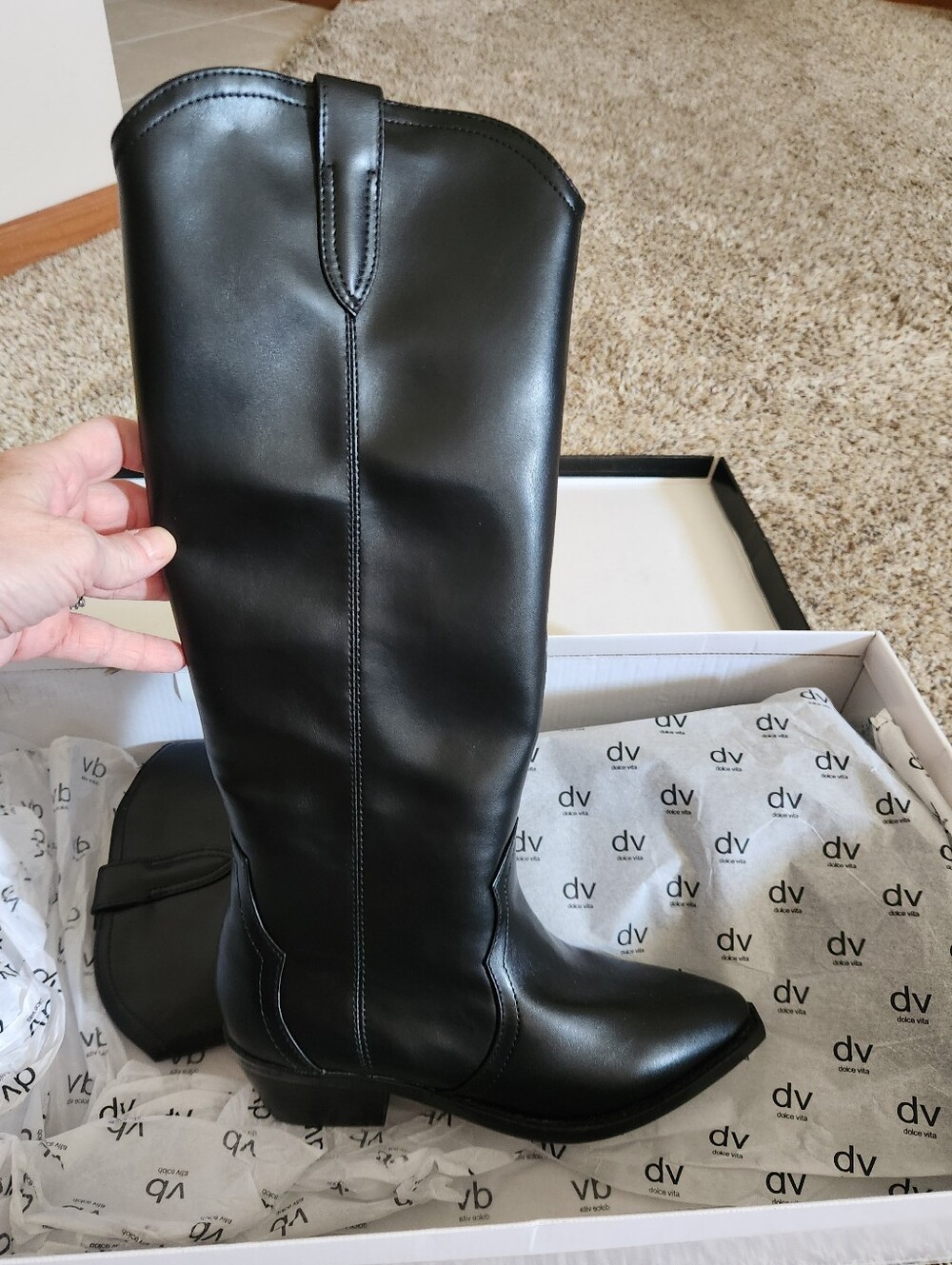 DV by Dolce Vita Black Knee-High Leather Western Boot Size 6.5 New In Box